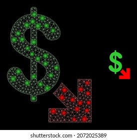 Glossy Polygonal Mesh Netz Export Dollar Symbol mit glatter Wirkung auf schwarzem Hintergrund. Wire-Frame exportiert Dollar-ikonische Vektorgrafik mit glatteren Kugeln in majestätischen Farben.