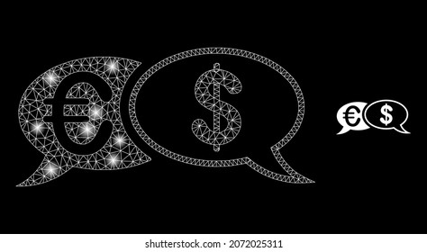 Glossy polygonal mesh net financial chat messages icon with glitter effect on a black background. Wire frame financial chat messages iconic vector with glitter spheres in majestic colors.