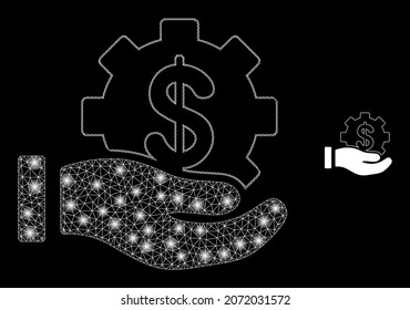 Glossy polygonal mesh net financial service offer hand icon with glare effect on a black background. Constellation financial service offer hand iconic vector with glowing points in magic colors.