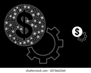 Glossy polygonal mesh net financial options gear icon with glare effect on a black background. Wire frame financial options gear iconic vector with glamour points in vibrant colors.
