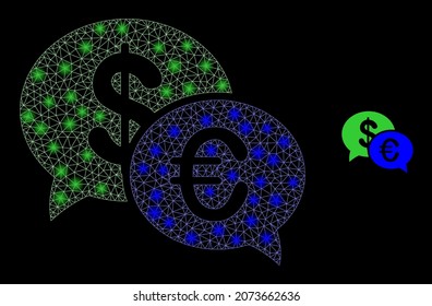 Glossy polygonal mesh net financial chat icon with glitter effect on a black background. Network financial chat iconic vector with glamour dots in stardust colors.