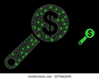 Glossy polygonal mesh net financial audit icon with glare effect on a black background. Constellation financial audit iconic vector with glowing spheres in magic colors.