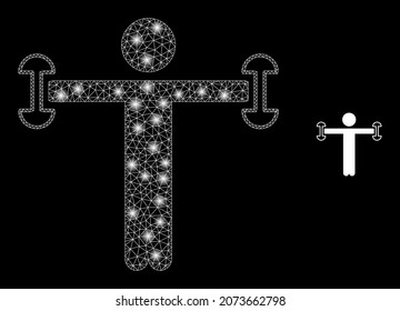 Glossy polygonal mesh net fitness person icon with glare effect on a black background. Network fitness person iconic vector with flash dots in majestic colors.