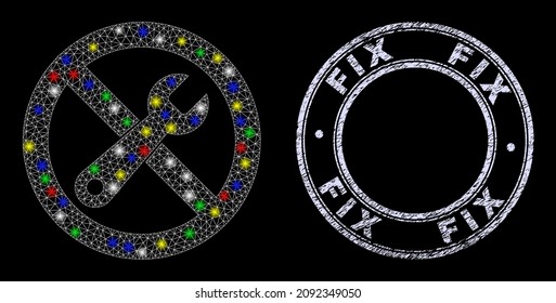 Glossy polygonal mesh net forbidden repair icon with glitter effect on a black background with Fix rubber seal. Illuminated vector mesh created from forbidden repair icon,