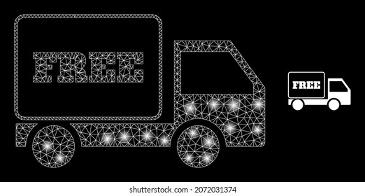 Glossy polygonal mesh net free delivery icon with glare effect on a black background. Wire frame free delivery iconic vector with flash spheres in vibrant colors.