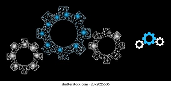 Glossy polygonal mesh net gear transmission icon with glitter effect on a black background. Wire frame gear transmission iconic vector with illuminated points in majestic colors.