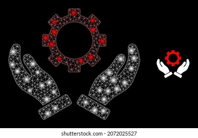 Glossy polygonal mesh net gear care hands icon with glitter effect on a black background. Wire frame gear care hands iconic vector with glitter spheres in bright colors.