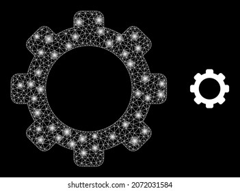 Icono de la red de malla poligonal brillante con efecto de resplandor sobre el fondo negro. El engranaje de la canal es un vector icónico con puntos brillantes en colores vibrantes. Malla 2d abstracta diseñada con triángulos,