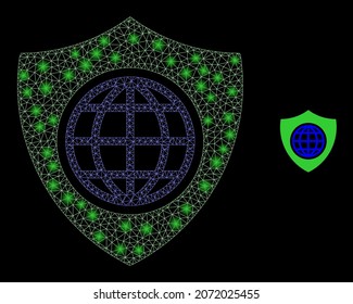 Glossy polygonal mesh net global shield icon with glow effect on a black background. Carcass global shield iconic vector with glowing points in majestic colors.