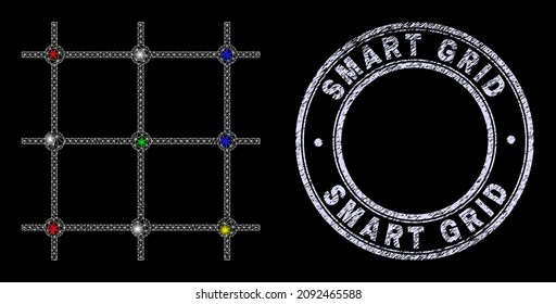 Glossy polygonal mesh net grid icon with glare effect on a black background, and Smart Grid grunge seal imitation. Illuminated vector model created from grid icon,