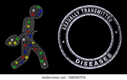 El tipo de la red de malla poligonal brillante roba un icono de esperma con efecto de brillo en un fondo negro, y Enfermedades de transmisión sexual sellado sucio. Estructura vectorial iluminada creada a partir de un icono de robo de esperma,