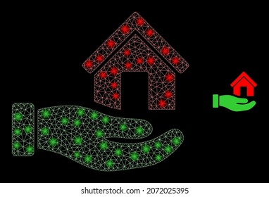 Glossy polygonal mesh net hand offer house icon with glare effect on a black background. Network hand offer house iconic vector with shiny dots in majestic colors.