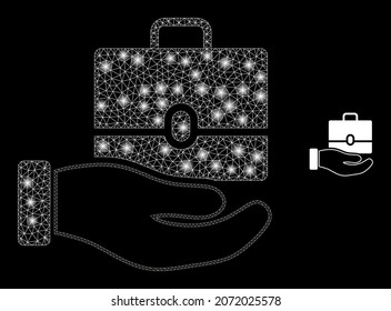 Glossy polygonal mesh net hand offer case icon with glitter effect on a black background. Carcass hand offer case iconic vector with glitter points in vibrant colors.