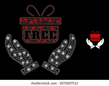 Glossy polygonal mesh net hands give gift icon with glare effect on a black background. Constellation hands give gift iconic vector with glitter dots in vibrant colors.