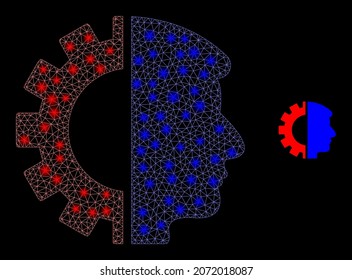 Icono del engranaje de la cabeza de la red de malla poligonal brillante con efecto de brillo sobre el fondo negro. El engranaje de la cabeza de la canal es un vector icónico con puntos de glamour en colores de estrella.