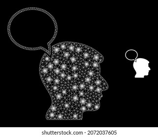 Glossy polygonal mesh net head thinking cloud icon with glitter effect on a black background. Network head thinking cloud iconic vector with glitter spheres in bright colors.