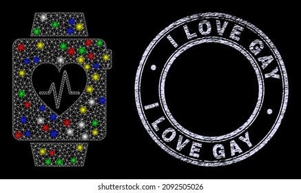 Glossy polygonal mesh net health tracker watches icon with glare effect on a black background with I Love Gay corroded seal.