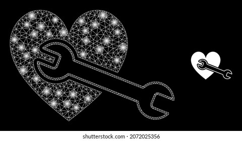 Glossy polygonal mesh net heart repair wrench icon with glitter effect on a black background. Constellation heart repair wrench iconic vector with flash dots in stardust colors.