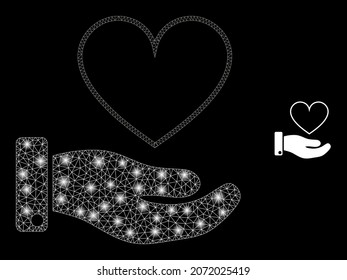 Glossy polygonal mesh net heart donation hand icon with glitter effect on a black background. Constellation heart donation hand iconic vector with glamour dots in bright colors.