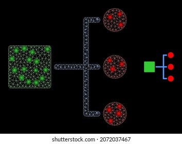 Glossy Polygonal Mesh Netz Hierarchie Symbol mit glänzendem Effekt auf schwarzem Hintergrund. Vektorgrafik der Schlachtkörperhierarchie mit beleuchteten Punkten in Sternfarben. Abstrakte 2d-Maschen aus polygonalem Gitter,