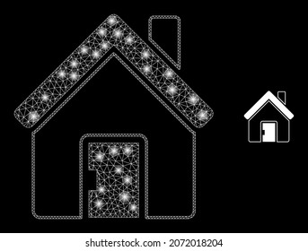 Glossy polygonal mesh net home icon with glitter effect on a black background. Constellation home iconic vector with glitter points in stardust colors.