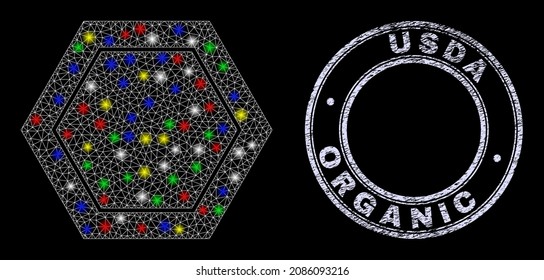 Glossy polygonal mesh net honeycomb cell icon with glare effect on a black background, and Usda Organic grunge seal print. Illuminated vector model created from honeycomb cell icon,