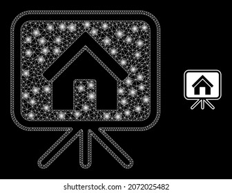 Glossy polygonal mesh net house project board icon with glow effect on a black background. Wire frame house project board iconic vector with glowing points in stardust colors.