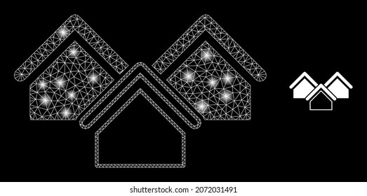 Glossy polygonal mesh net houses icon with glare effect on a black background. Network houses iconic vector with glamour dots in vibrant colors. Abstract 2d mesh is created from polygonal grid,