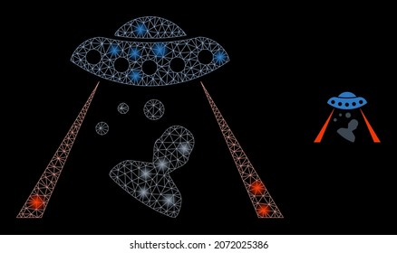 Glossy polygonal mesh net human abduction icon with glitter effect on a black background. Carcass human abduction iconic vector with illuminated dots in stardust colors.