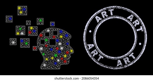 Glossy polygonal mesh net idea generation icon with glitter effect on a black background, and Art scratched seal imitation. Illuminated vector mesh created from idea generation icon,