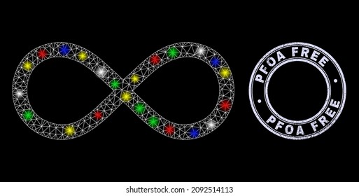 Glossy Polygonal Mesh Netz-Infinity-Symbol mit glänzender Wirkung auf schwarzem Hintergrund, und Pfoa Free Grunge Seehecht-Imitation. Illuminierte Vektorgitter, die aus dem Symbol der Unendlichkeit erstellt wurden,