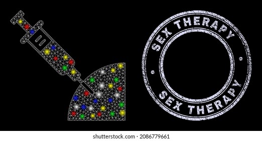 Glossy polygonal mesh net inoculation icon with glitter effect on a black background, and Sex Therapy scratched stamp. Illuminated vector structure created from inoculation icon,