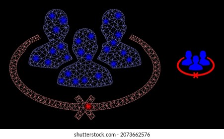 Glossy polygonal mesh net jailed persons icon with glare effect on a black background. Network jailed persons iconic vector with glitter points in vibrant colors.