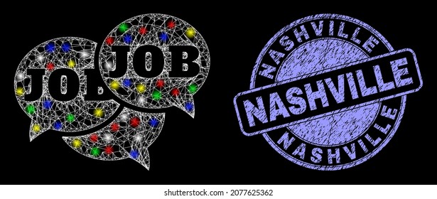Glossy polygonal mesh net job forum messages icon with glow effect on a black background with Nashville dirty stamp seal. Illuminated vector mesh created from job forum messages symbol,