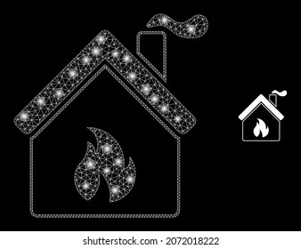 Glossy polygonal mesh net kitchen building icon with glitter effect on a black background. Network kitchen building iconic vector with glamour points in bright colors.