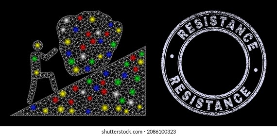 Glossy polygonal mesh net man rolling stone up icon with glow effect on a black background with Resistance dirty seal print. Illuminated vector mesh created from man rolling stone up icon,