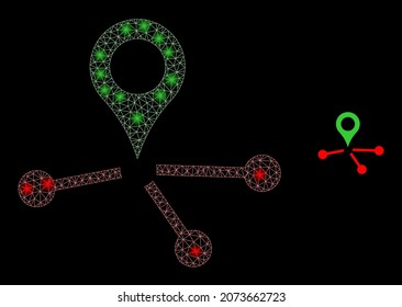 Glossy polygonal mesh net map pointer links icon with glitter effect on a black background. Network map pointer links iconic vector with glamour dots in magic colors.