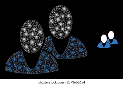 Glossy polygonal mesh net men icon with glare effect on a black background. Wire frame men iconic vector with shiny dots in vibrant colors. Abstract 2d mesh is built from polygonal grid,