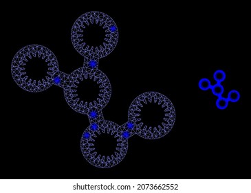 Glossy Polygonal Mesh Netz Mikroben Symbol mit Glanzeffekt auf schwarzem Hintergrund. Mikrobensymbolträchtige Vektorgrafik mit Blitzkugeln in lebhaften Farben.