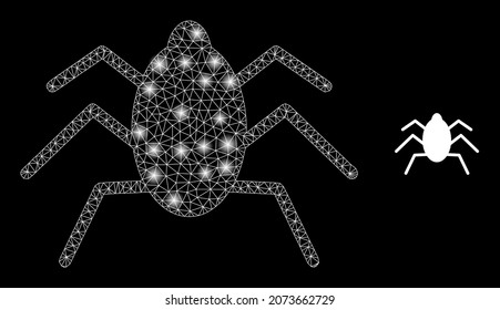 Glossy polygonal mesh net mire tick icon with glow effect on a black background. Network mire tick iconic vector with flash dots in vibrant colors. Abstract flat mesh is designed with polygonal grid,