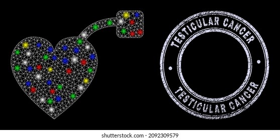 Glossy polygonal mesh net pacemaker icon with glitter effect on a black background, and Testicular Cancer unclean stamp. Illuminated vector mesh created from pacemaker icon,