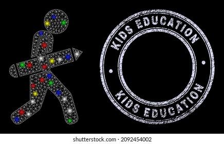 Glossy polygonal mesh net pencil courier icon with glitter effect on a black background with Kids Education unclean seal print. Illuminated vector model created from pencil courier symbol,