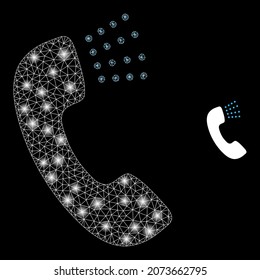 Glossy polygonal mesh net phone sound icon with glow effect on a black background. Carcass phone sound iconic vector with flash dots in magic colors.