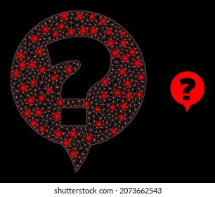 Glossy polygonal mesh net question icon with glitter effect on a black background. Network question iconic vector with shiny dots in bright colors. Abstract flat mesh designed with polygonal grid,