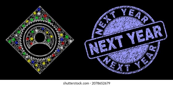 Glossy polygonal mesh net rhombus user seal stamp icon with glitter effect on a black background, and Next Year grunge stamp seal. Illuminated vector mesh created from rhombus user seal stamp icon,
