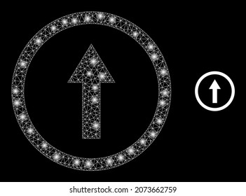 Glossy polygonal mesh net rounded arrow up icon with glitter effect on a black background. Carcass rounded arrow up iconic vector with glitter points in majestic colors.