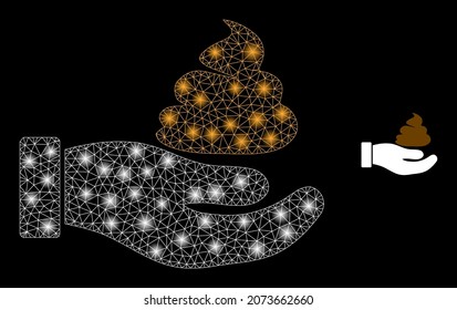 Glossy polygonal Mesh Netz Scheiße Hand Symbol mit Glanzeffekt auf schwarzem Hintergrund. Carcass-Scheiße Hand ikonische Vektorgrafik mit glatteren Punkten in lebhaften Farben.