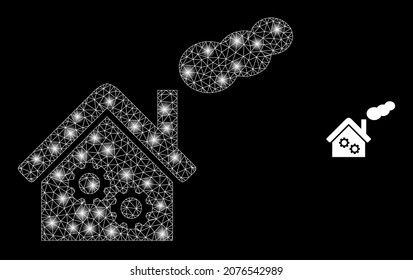 Glossy Polygonal Mesh Netz rauchende Fabrik Symbol mit Glühwirkung auf schwarzem Hintergrund. Wire Frame Raucher Fabrik ikonische Vektorgrafik mit leuchtenden Punkten in majestätischen Farben.