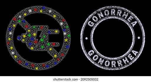 Glossy polygonal mesh net stop electricity icon with glow effect on a black background, and Gonorrhea scratched seal imitation. Illuminated vector constellation created from stop electricity symbol,