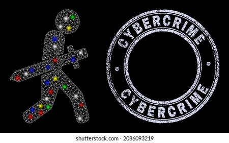 Glossy polygonal Mesh Netz Schwert Räuber Symbol mit glitterem Effekt auf schwarzem Hintergrund mit Cybercrime unkleane Robbe. Illuminierte Vektormaschen, die aus dem Symbol für Schwertraubtiere hergestellt wurden,